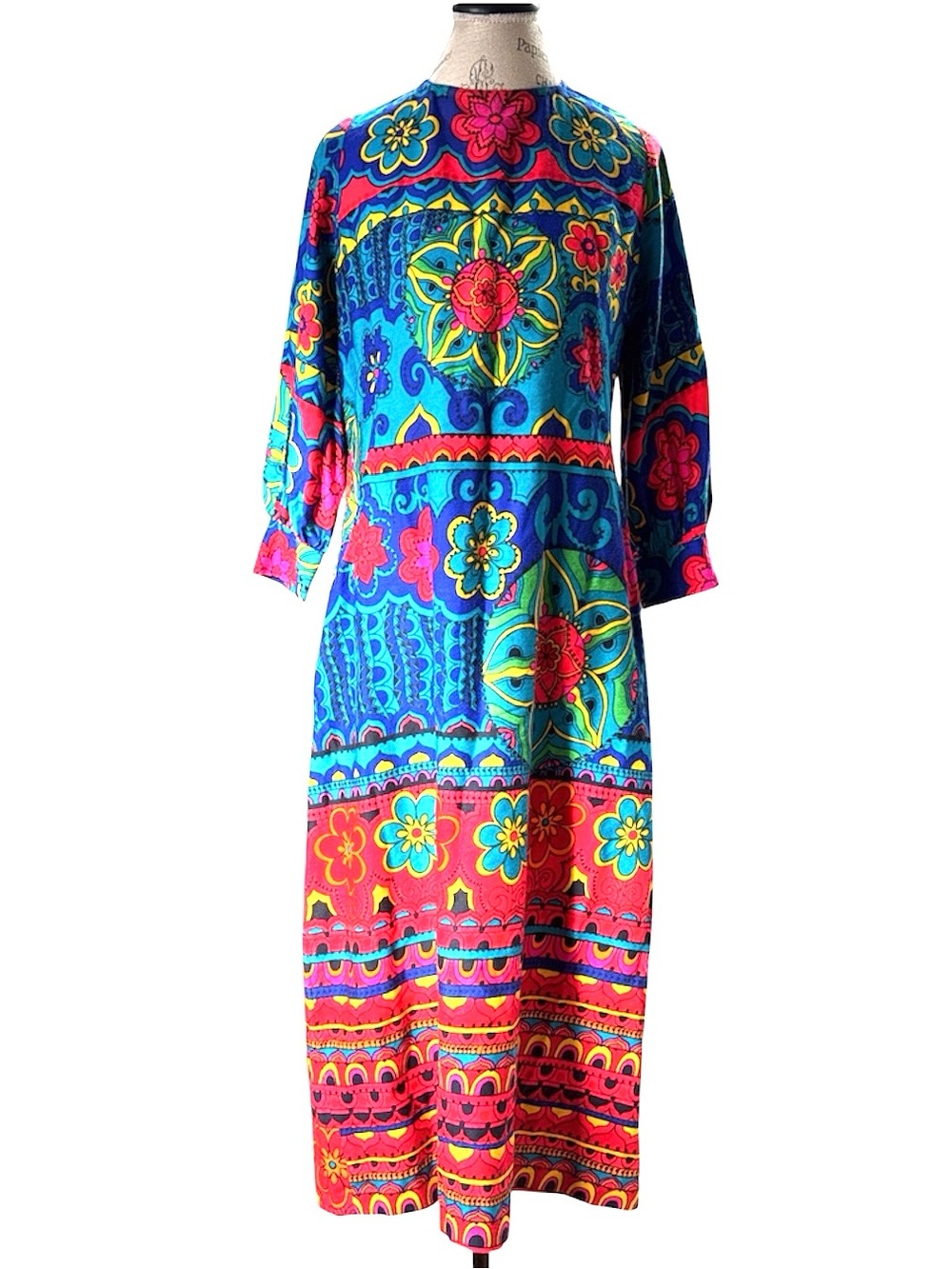 Vintage handmade 1960s 70s psychedelic dopamine midi dress Hawaiian floral
